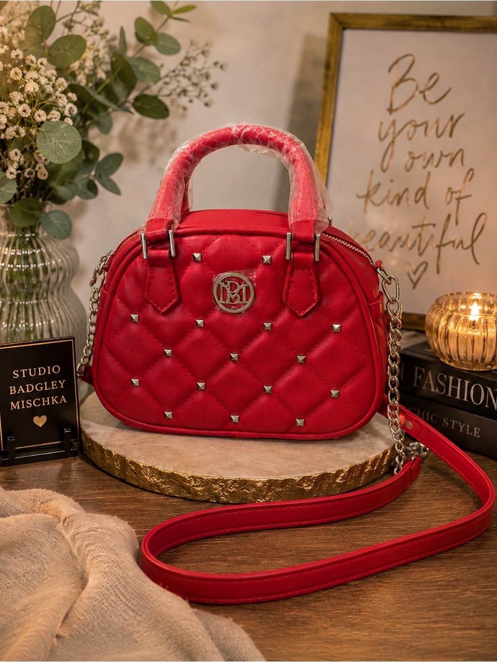 Badgley Mischka Red Quilted Stud-Accent Crossbody Satchel
